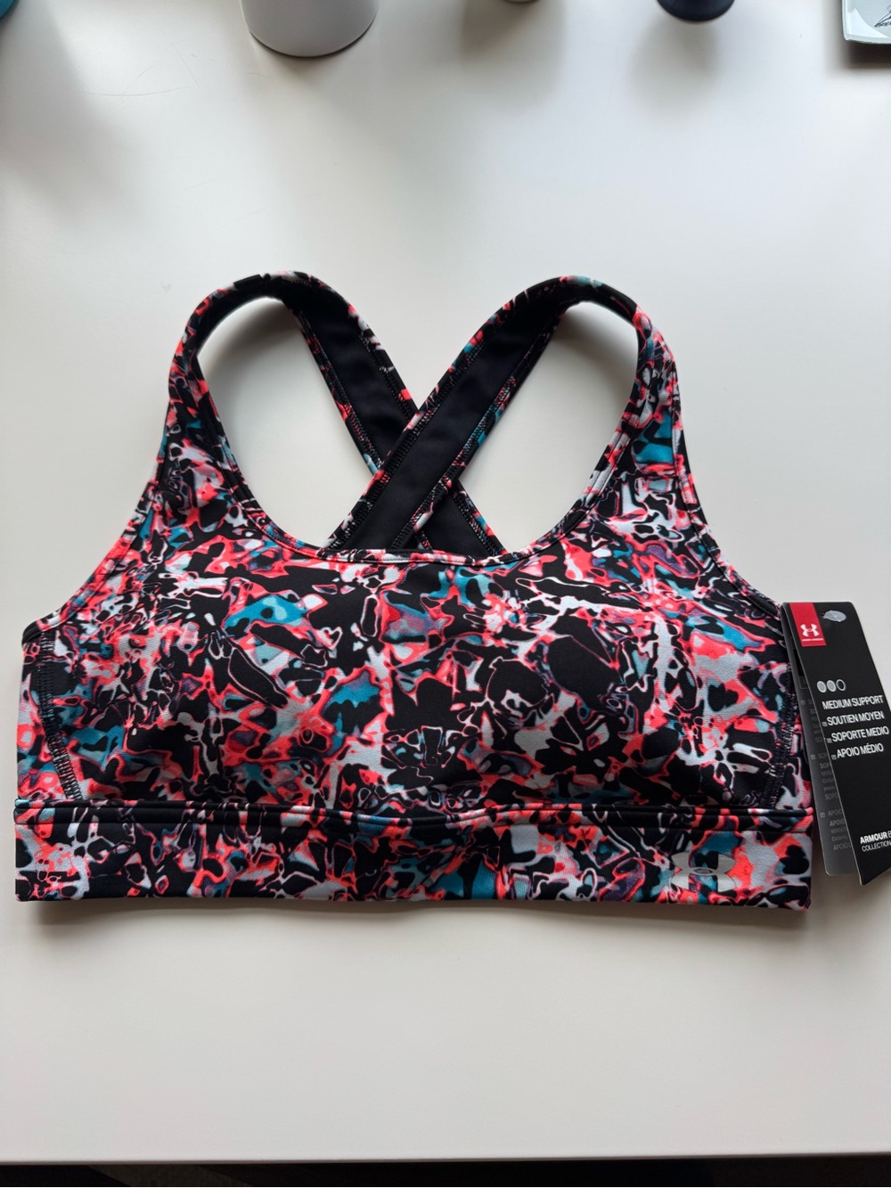 New Under Armour Pattern Crossback Sports Bra with Coral & Teal Accents
